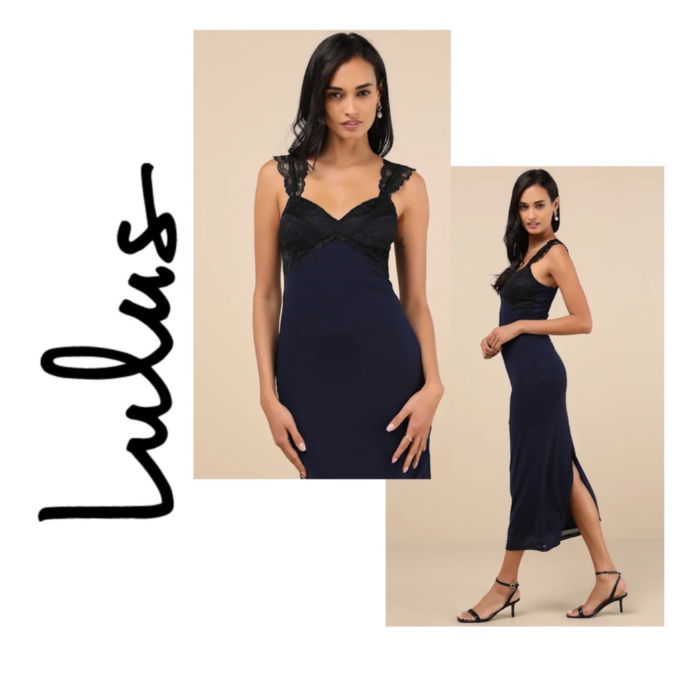 Lulus Flirty Whimsy Navy And Black Mesh Midi Dress Blue - Size L